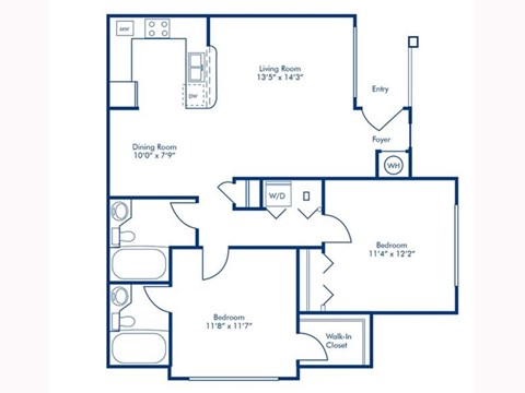 Floor plan for 2 beds, 2 baths, 888 sqft